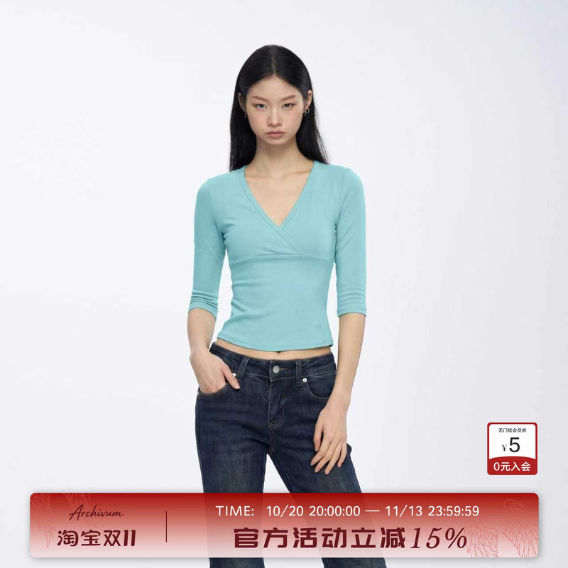 Archivum Cross Deep V-Neck Low-Cut Mid-Sleeve Slim-Fitting Sexy T-Shirt Top for Autumn Archivum Cross Deep V-Neck Low-Cut Mid-Sleeve Slim-Fitting Sexy T-Shirt Top for Autumn