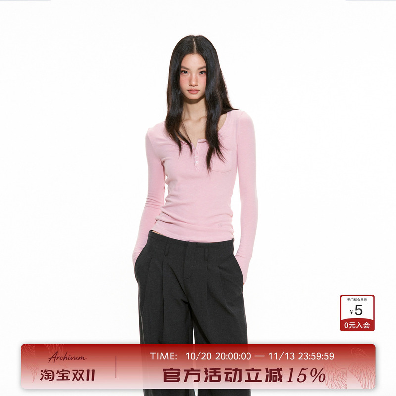 Archivum Autumn Vintage Henley Collar Double-Layered Rolled Edge Long Sleeve Knitted Base Shirt Slim Fit T-Shirt