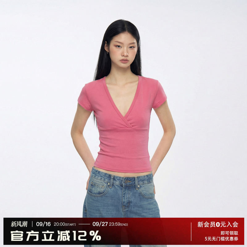Archivum Basic Deep V-Neck Low-Cut Slim-Fit Base Short-Sleeve Slimming Tight-Fitting Sexy Versatile T-Shirt Top