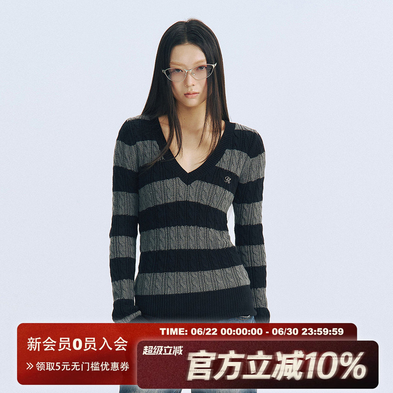 Archivum Versatile V-Neck Cable Knit Striped Lazy Sweater for Women, Autumn Loose-Fitting Couple Knit Top Trendy