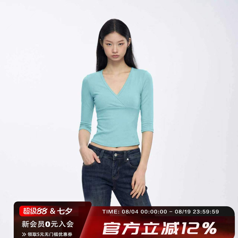 Archivum Summer Cross Deep V-Neck Low-Cut Mid-Sleeve Slim-Fit Sexy T-Shirt Top Archivum Summer Cross Deep V-Neck Low-Cut Mid-Sleeve Slim-Fit Sexy T-Shirt Top