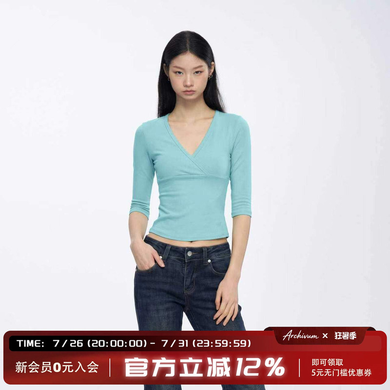 Archivum Summer Cross Deep V-Neck Low-Cut Mid-Sleeve Slim-Fit Sexy T-Shirt Top