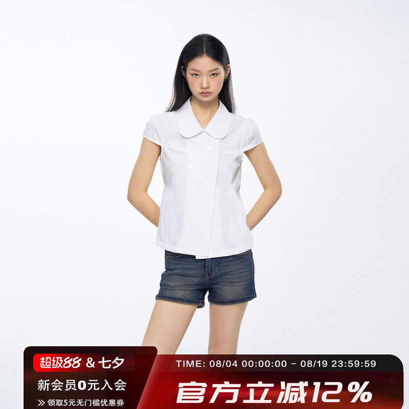 Archivum Summer Vintage Double-Breasted Shell Button Doll Collar Shirt with Waist-Cinching Design and Short Sleeves Archivum Summer Vintage Double-Breasted Shell Button Doll Collar Shirt with Waist-Cinching Design and Short Sleeves