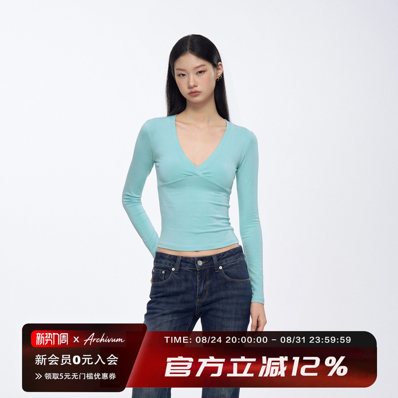 Archivum Basic Deep V-Neck Low-Cut Slim-Fit Base Short-Sleeve Slimming Tight-Fitting Sexy T-Shirt Long-Sleeve Top