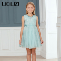 LiCiLiZi particle girl dress green lace mesh gauze sleeveless summer lace senior dress Princess dress