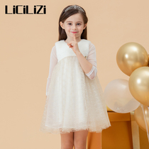 Particle girl dress golden winter plush collar spring and autumn new vest skirt mesh stitching puffy princess dress