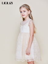 Particle Girl Lian Dress Spring Summer Style Powder Apricot Pink Lace Stitch Mesh Dress Girl Child Birthday Gown Dress