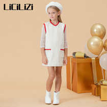 LiCiLiZi particle girl Beige red color dress round neck sleeveless early autumn winter sweater vest skirt