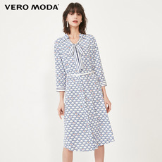 Женское платье vero moda2020新款秋季撞色印花前系带七分袖衬衫连衣裙