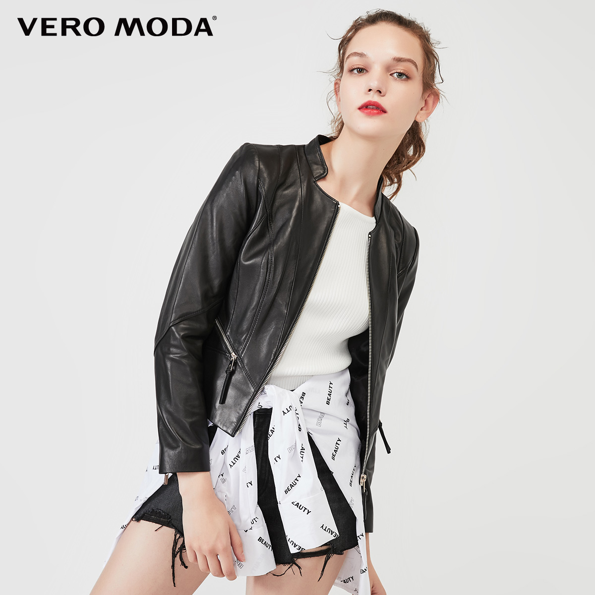 Vero Moda Cừu Da Chỉ khâu bao bì thiết kế ngắn Da Girl) 319310531