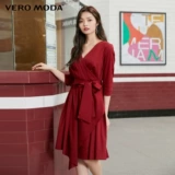 Vero moda, осеннее красное платье, модный элегантный приталенный корсет, французский стиль, V-образный вырез