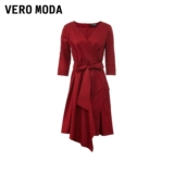 Vero moda, осеннее красное платье, модный элегантный приталенный корсет, французский стиль, V-образный вырез