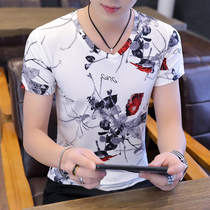 Male Short Sleeve T-Shirt Ice Silk Slip Trend Printed T-shirt Male V collar bottom-shirt half sleeve swarm with thin floral clothes dx