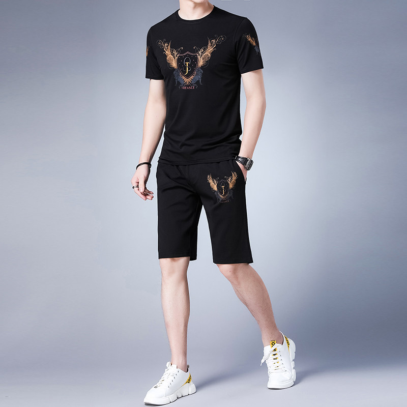 A set of men's clothing with summer short-sleeved suit men's sports and leisure suit trendy brand high-end handsome two-piece male tz