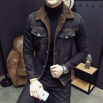 Black denim coat mens winter Korean fashion slim jacket men plus velvet padded lamb wool collar cotton coat men wt