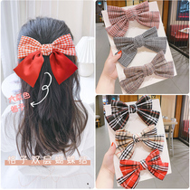 Childrens fabric plaid double bow hairclip headgear girl does not hurt the back of the head spring clip Net red hair card