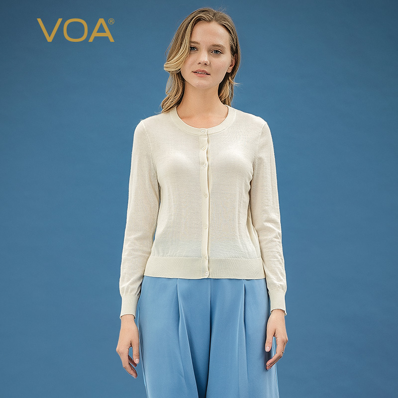 VOA tốt ấm 60 mỹ lysing cổ tròn tinh khiết cashmere của phụ nữ dài tay đường thẳng ren reel đơn hàng khóa điều hòa không khí cardigan