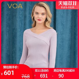 VOA纯山羊绒18针细软60支精纺螺纹紧密修身时尚裹衣鱼尾厚套衫女