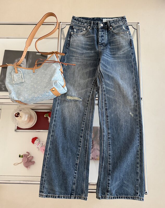 26Ss Spring and Summer New Classic Cut Distressed Whiskered Straight-Leg Jeans, Loose Fit Versatile Long Pants