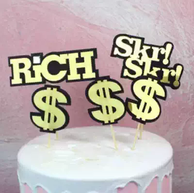 Rich birthday cake decoration flag planting Laser gold double-layer card US dollar money franc baking decoration plug-in