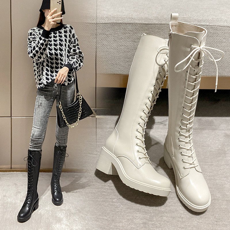 High-heeled boots women's 2022 new lace-up boots high tube white plus velvet thickened autumn and winter thick heel riding boots