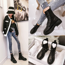 Thick bottom Martin boots female display with small 2020 new big code 41 1 43 Inron wind winter plus suede black short boots