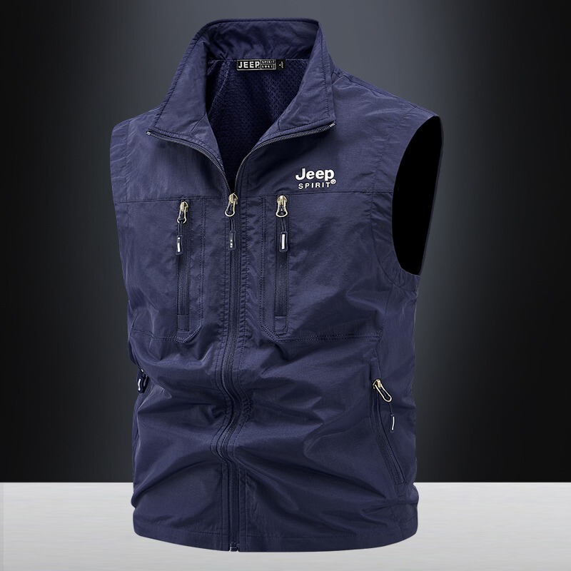 Jeep Multi-Pocket Work Vest for Men, Spring and Autumn Stand Collar Vest, Windproof Outdoor Casual Fishing Vest