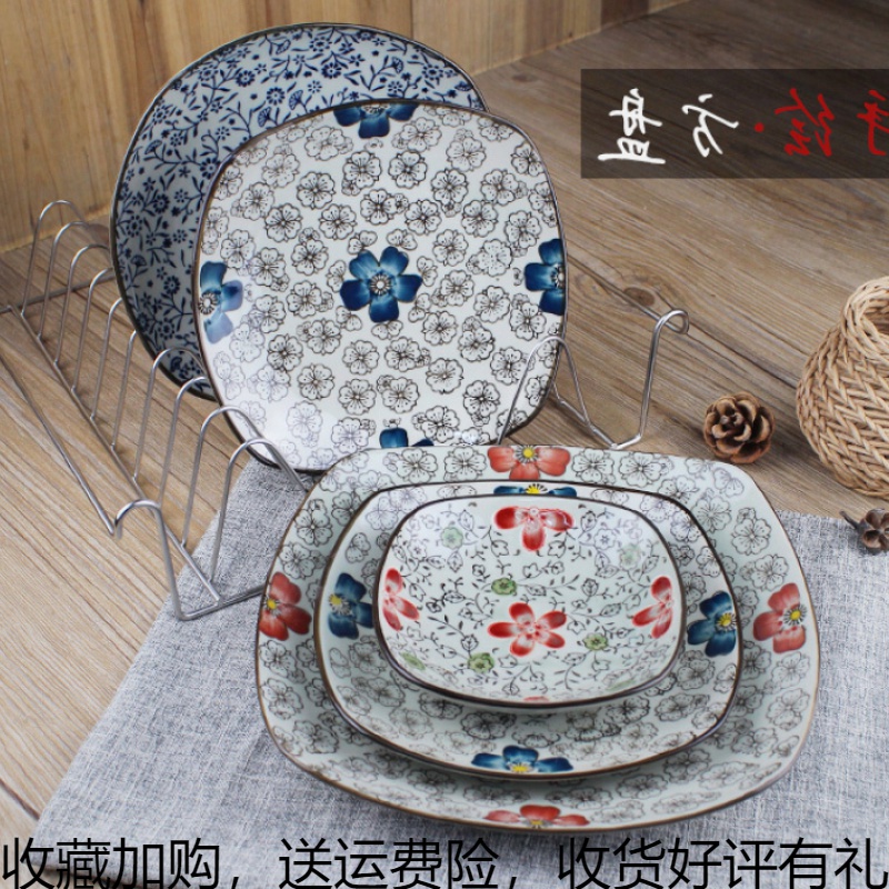 Japanese hand-painted square plate flat plate cute dessert plate salad plate plate special ceramic tableware - Taobao