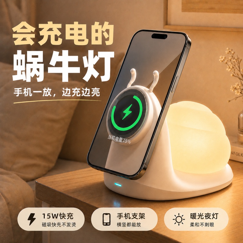 Jilas Snail Night Light Magnetic Wireless Charger Base Phone Stand Three-In-One Suitable for iPhone 1716 Magesafe Creative Birthday Gift Bedside Desktop Ornament Atmosphere