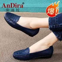 (Top layer cowhide) shoes genuine leather womens shoes spring and autumn soft bottom flat rhinestone single peas shoes mother shoes