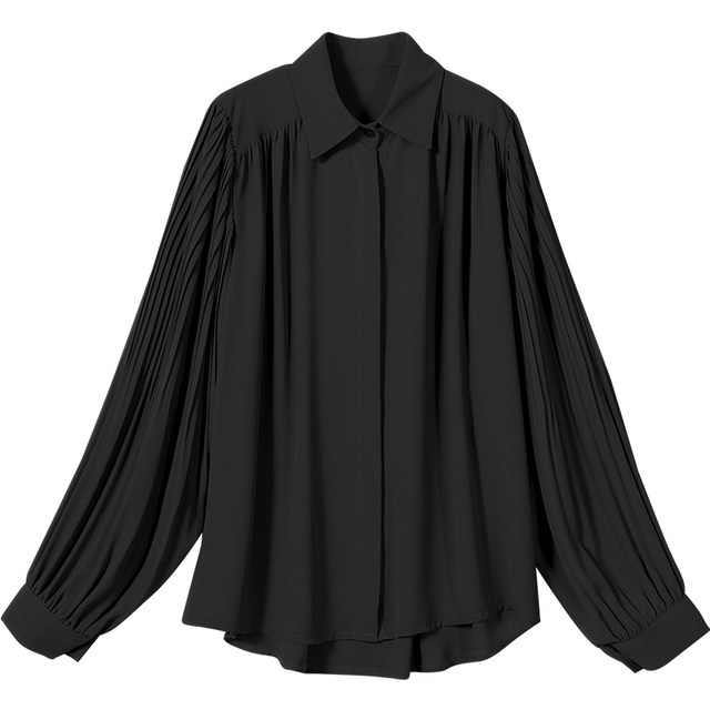 Black chiffon shirt women's lantern sleeves pleated 2022 new spring and autumn temperament high-end loose age-reducing all-match tops