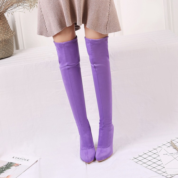 Large and Small Sizes Autumn and Winter Women's Pink, Yellow, Black, Gray, Purple Candy-Colored Stiletto Heels, Matte Elastic Over-The-Knee Long Boots