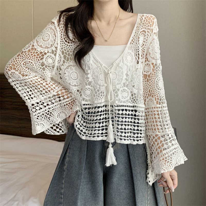 Hollow Lace Crochet Blouse for Women 2025 New Early Autumn Chic Top Bohemian Ethnic Style Long-Sleeved Jacket Hollow Lace Crochet Blouse for Women 2025 New Early Autumn Chic Top Bohemian Ethnic Style Long-Sleeved Jacket