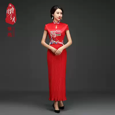 Zero month hand embroidered Cheongsam silk Mulberry silk dress wedding happy mother mother cheongsam pleated skirt New