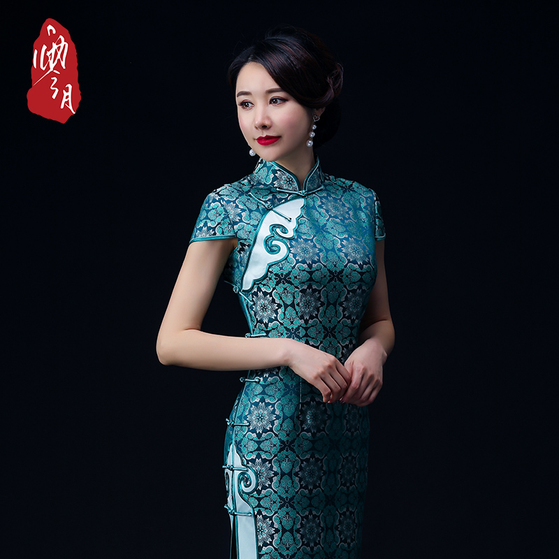 Zero Month handmade Cheongsam light luxury Song Jin Chinese style printing improved Cheongsam dress catwalk performance new products