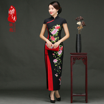 Shanghai handmade embroidered Cheongsam heavy silk Chinese retro annual meeting cheongsam dress banquet long dress women