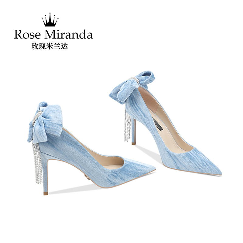 Rose Miranda High Heels Light Blue Velvet Shallow Pointed Toe Shoes