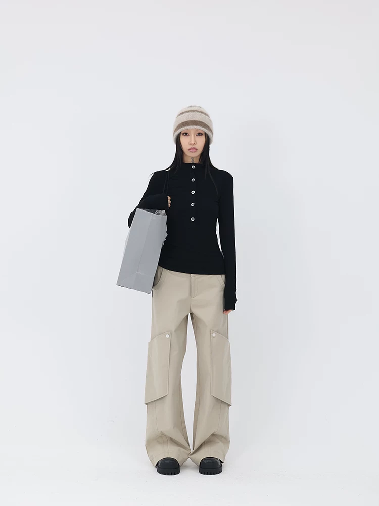 Mei 伢 fuzzykon black small high -necked gradient button open placket and waist slimming with large elastic bottom shirt