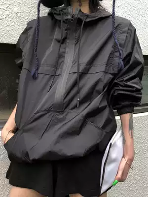 Beauty Fuzzykon Hong Kong style black design sense half zipper hooded windbreaker women's short spring and autumn small jacket