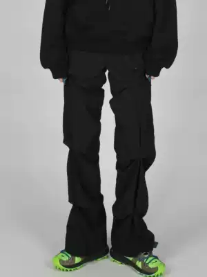 Meijia Fuzzykon Pleated design Street sense tooling trousers Black khaki