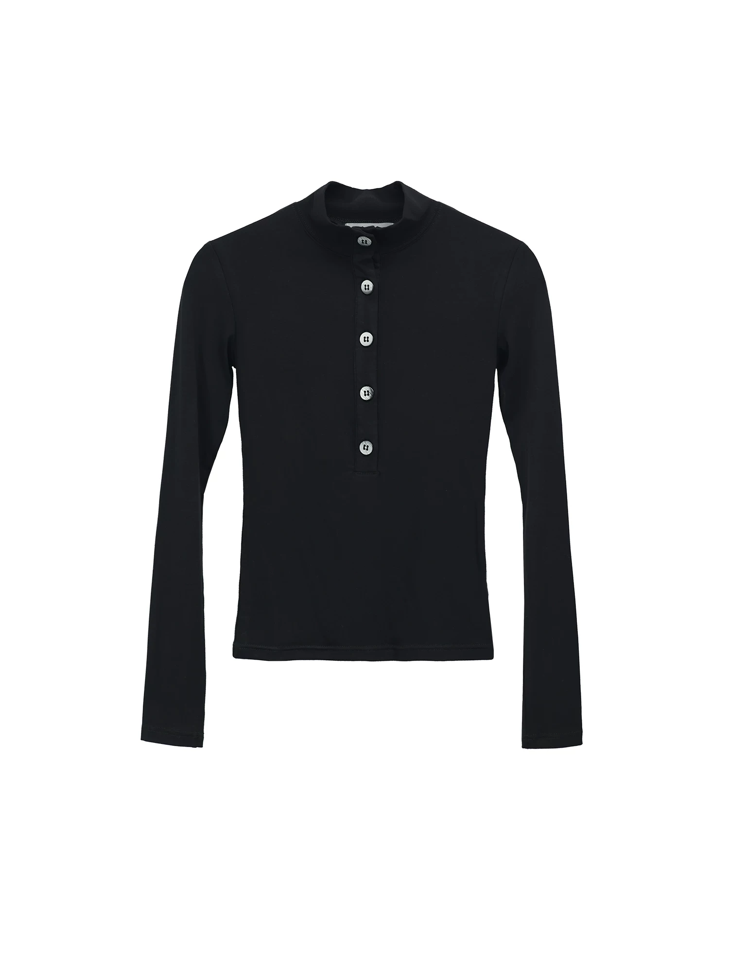 Mei 伢 fuzzykon black small high -necked gradient button open placket and waist slimming with large elastic bottom shirt