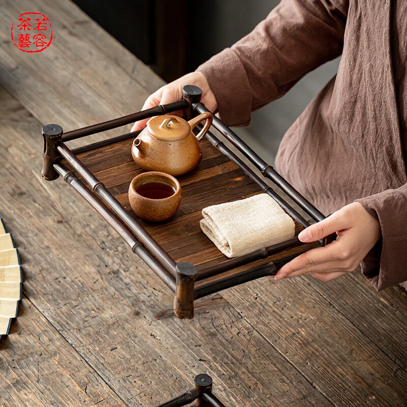 Ruorong tea art retro old purple bamboo tabletop tea shed Bogu rack tea set tea row tray storage shelf tea table tea cup holder