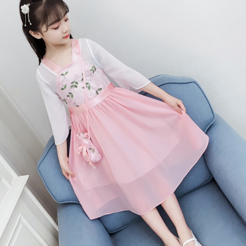 Girldress viền siêu fairy 12 tuổi cô gái mùa hè váy phong cách Trung Quốc váy trẻ em hoa anh đào Tang váy.