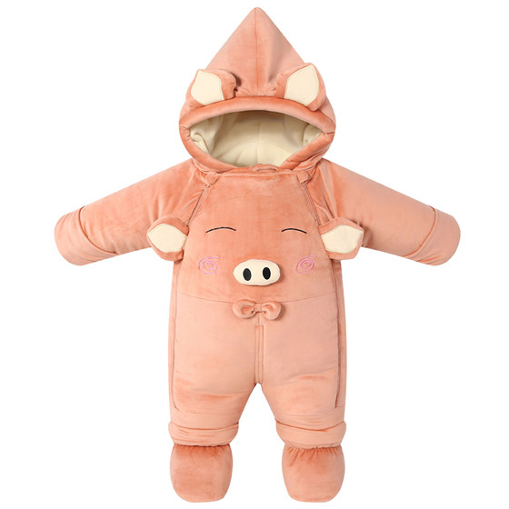 Baby winter thickened one-piece cotton coat, newborn warm outing clothes, hugging clothes for male and female babies with feet wrapped, newborn velvet