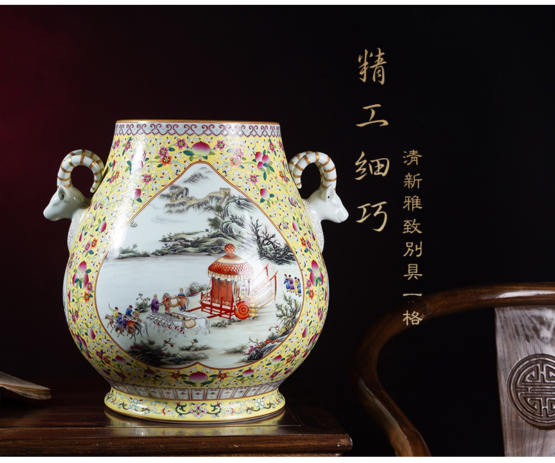 Jia lage jingdezhen ceramic vase YangShiQi court enamel and name of branch window character landscape sheep statute