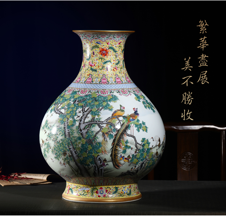 Jingdezhen ceramic vase landing YangShiQi hand - made yellow medallion in pastel birds pay homage to the king okho spring bottle furnishing articles