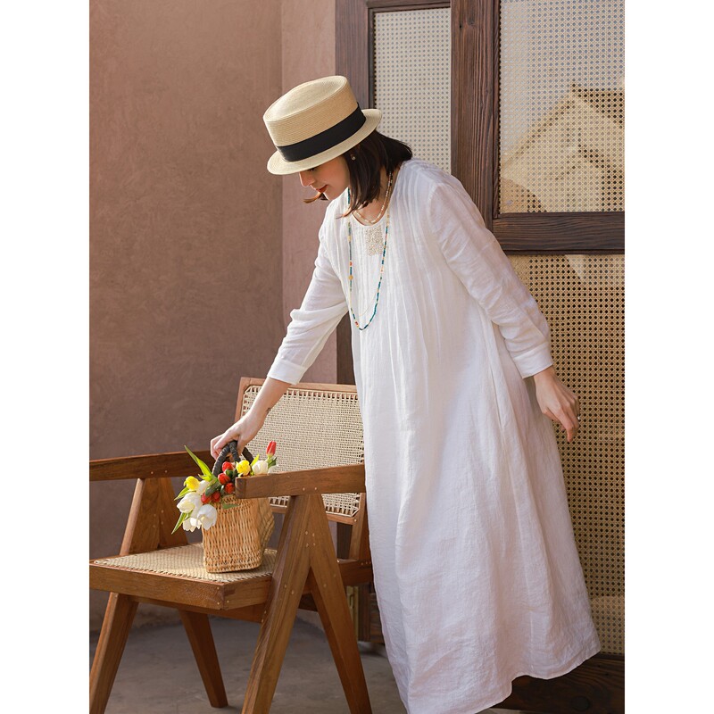 2026 New Sand-Washed Linen Double-Layer Fairy-Like Handmade Sesame Embroidery Slimming Long Dress Loose Maxi Dress 2026 New Sand-Washed Linen Double-Layer Fairy-Like Handmade Sesame Embroidery Slimming Long Dress Loose Maxi Dress