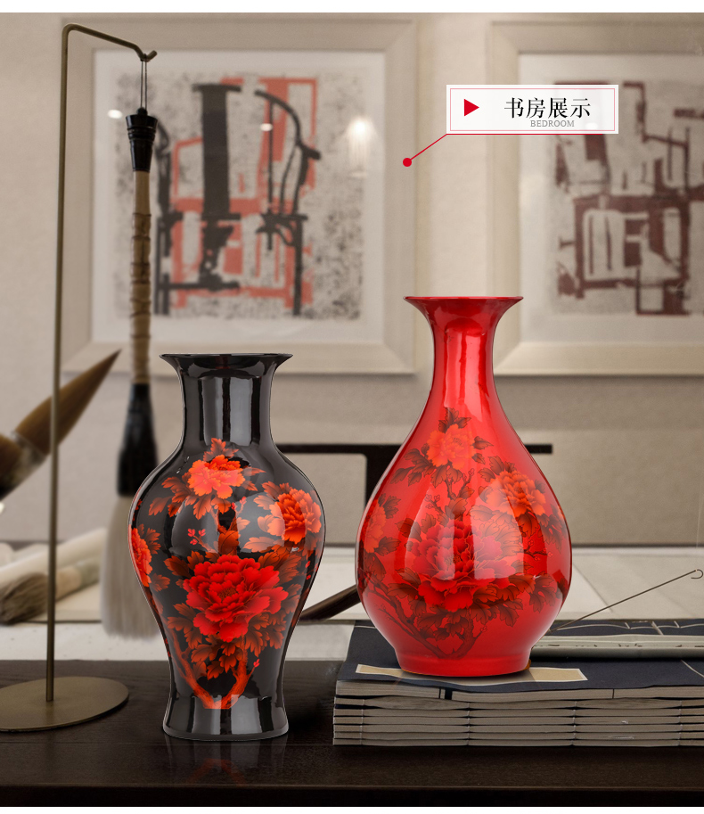 Big red vase of jingdezhen ceramics vase crystal glaze peony red vase festival gift porcelain furnishing articles