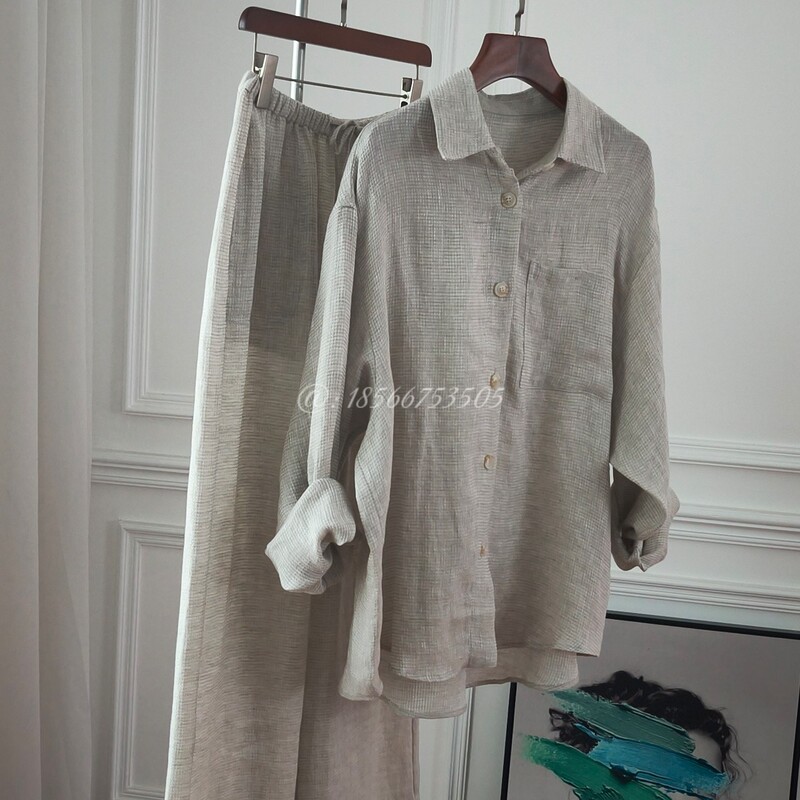2026 High-End Fashion Style Light Luxury Imported Linen Lapel Relaxed Minimalist Shirt + Wide-Leg Pants Two-Piece Set for Women