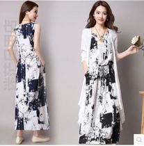 Cotton linen dress set women 2020 spring and summer new long loose print ethnic dress two-piece dress